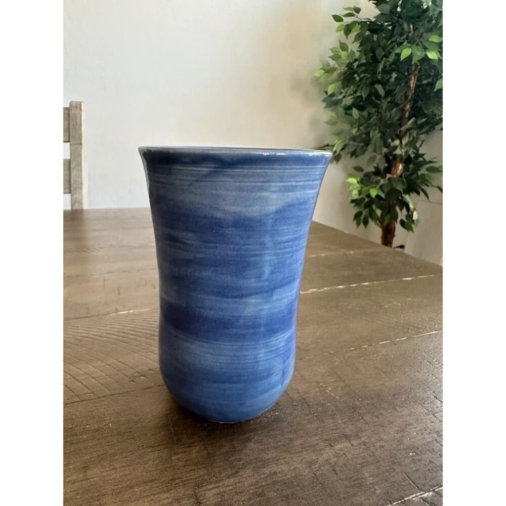 Handmade Blue Studio Pottery Vase Cobalt Swirl Glaze Signed Artist Ceramic 5.5”